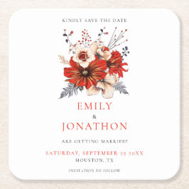 Posavasos Cuadrado De Papel Flores de color de agua rojo Boda Salvar la fecha