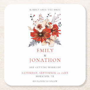 Posavasos Cuadrado De Papel Flores de color de agua rojo Boda Salvar la fecha
