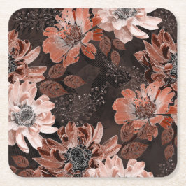 Posavasos Cuadrado De Papel Flores de crema y teracote en un fondo marrón oscu