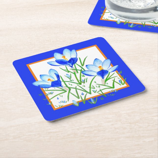 Posavasos Cuadrado De Papel Flores de Crocus Azules (En perspectiva)