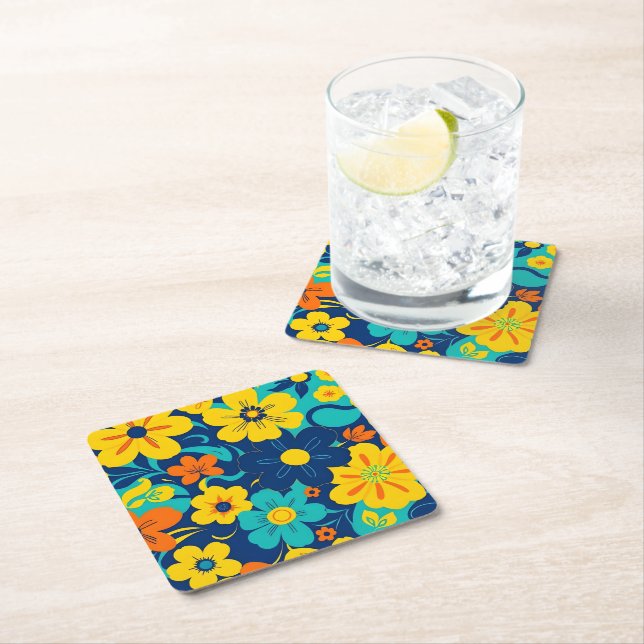 Posavasos Cuadrado De Papel Flores de estilo retro-flor de estilo dopaminérgic (In situ)