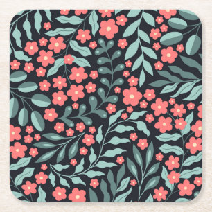 Posavasos Cuadrado De Papel Flores de estilo retro rosado florecientes al esti