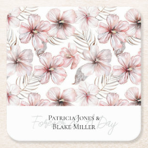 Posavasos Cuadrado De Papel Flores de Hibisco Rosado Boda