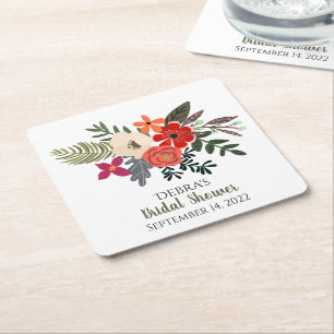 Posavasos Cuadrado De Papel Flores de invierno rojas ramo morado de ducha de n