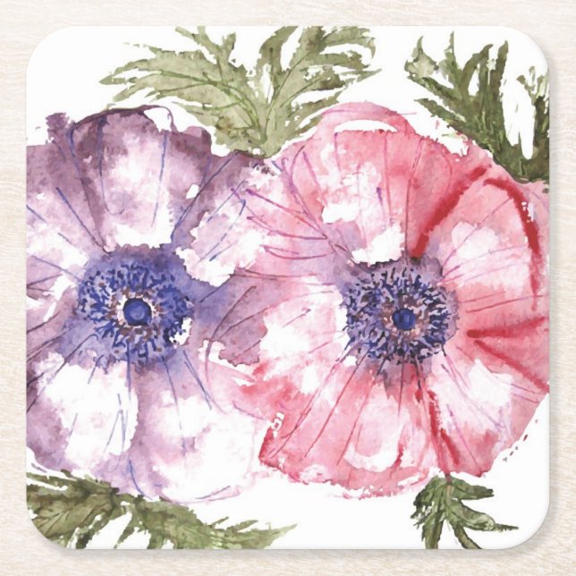 Posavasos Cuadrado De Papel Flores de la acuarela (Anverso)