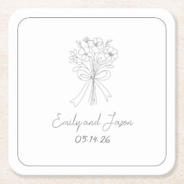 Posavasos Cuadrado De Papel Flores de líneas delgadas simples de estilo dibuja