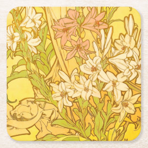 Posavasos Cuadrado De Papel flores de lirio Art Nouveau de Alfonse Mucha