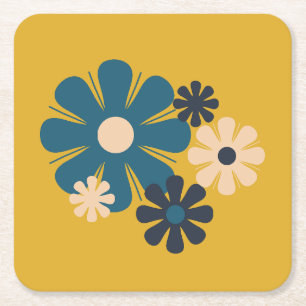 Posavasos Cuadrado De Papel Flores de los años 70 de la retro Mostaza floral d