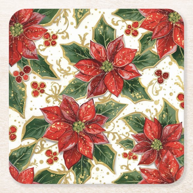 Posavasos Cuadrado De Papel Flores de los Navidades de Poinsettia Roja (Anverso)