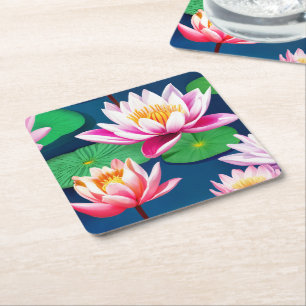 Posavasos Cuadrado De Papel Flores de Loto Blancas Rosadas y Hojas Verdes