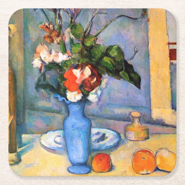 Posavasos Cuadrado De Papel Flores de malla azul, Paul Cezanne (Anverso)