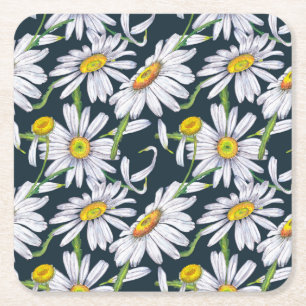 Posavasos Cuadrado De Papel Flores de Manzanilla: Acuarela de Agua Azul Oscuro