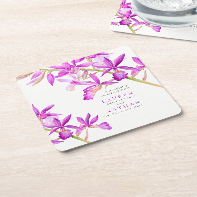 Posavasos Cuadrado De Papel Flores de orquídea morada acuarela boda botánico (En perspectiva)