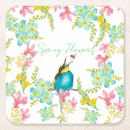 Posavasos Cuadrado De Papel Flores de primavera acuarela