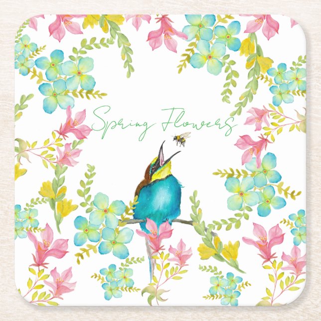 Posavasos Cuadrado De Papel Flores de primavera acuarela (Anverso)
