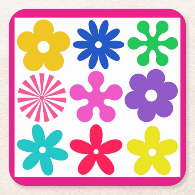 POSAVASOS CUADRADO DE PAPEL FLORES DE RETRO DE GROOVY (Anverso)