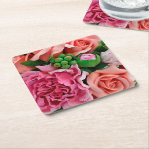 Posavasos Cuadrado De Papel Flores de Rosa de té de coral y rosa