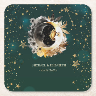 Posavasos Cuadrado De Papel Flores de sol y luna celestes estrellas verde