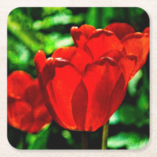 Posavasos Cuadrado De Papel Flores de tulipán rojas
