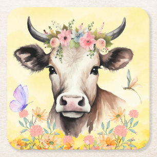 Posavasos Cuadrado De Papel Flores de vaca acuarelas en un prado