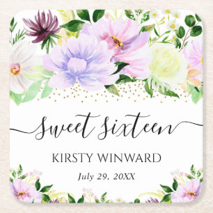 Posavasos Cuadrado De Papel Flores de verano de acuarela púrpura Sweet Sixteen