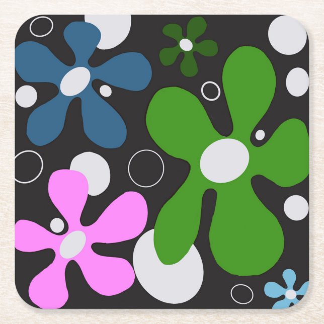 Posavasos Cuadrado De Papel Flores divertidas en verde, rosa y azul (Anverso)