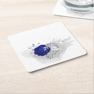 Posavasos Cuadrado De Papel flores elegantes de azul real y plata