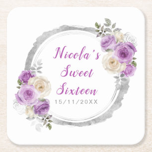 Posavasos Cuadrado De Papel Flores Elegantes de Morado y Plata Cumple Dieciséi