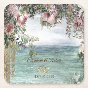Posavasos Cuadrado De Papel Flores Elegantes Océano