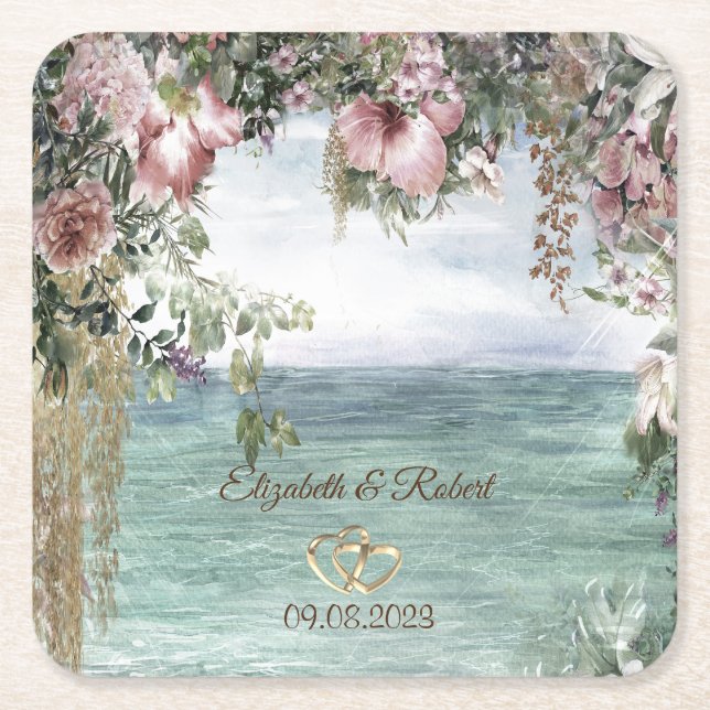 Posavasos Cuadrado De Papel Flores Elegantes Océano  (Anverso)