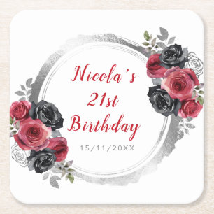 Posavasos Cuadrado De Papel Flores elegantes rojas y plateadas para fiesta de