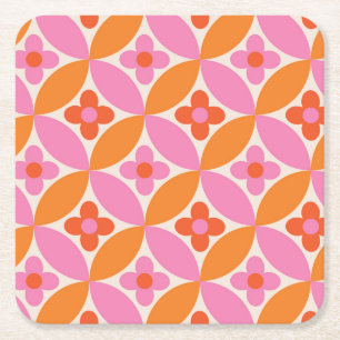 Posavasos Cuadrado De Papel Flores en círculos Naranjas rosados de mediados de