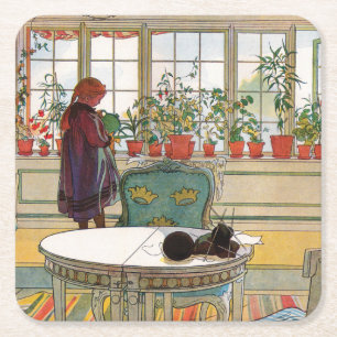 Posavasos Cuadrado De Papel Flores en el Windowsill de Carl Larsson