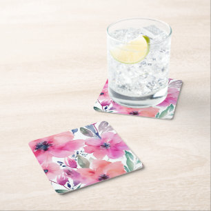 Posavasos Cuadrado De Papel Flores en Flor Flores Rosadas Pintadas al Acuare