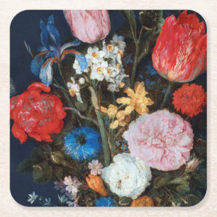 Posavasos Cuadrado De Papel Flores en un barco de vidrio, Jan Brueghel el anci