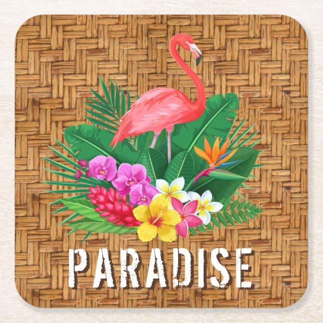 Posavasos Cuadrado De Papel Flores flamencas en el patrón de mimbre (Anverso)