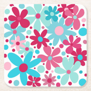 Posavasos Cuadrado De Papel Flores funky azules y rosas