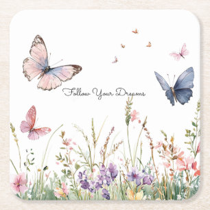 Posavasos Cuadrado De Papel Flores Mariposas Moradas Rosadas Rojas
