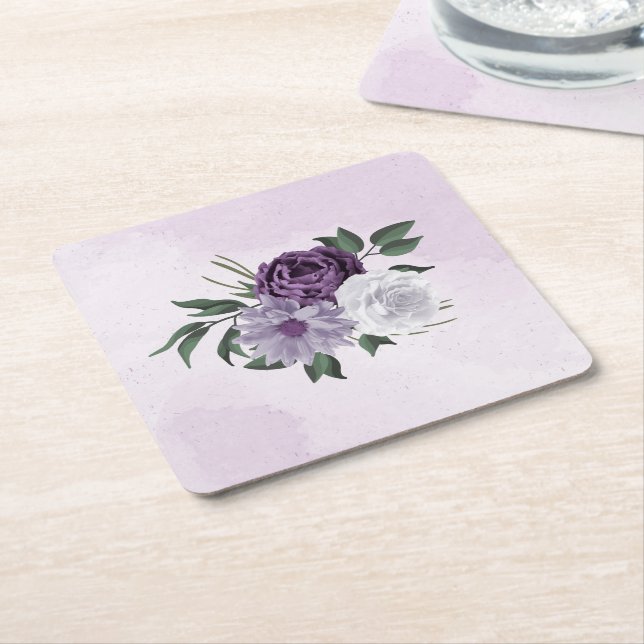 Posavasos Cuadrado De Papel flores moradas blancas (En perspectiva)
