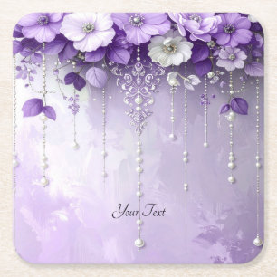 Posavasos Cuadrado De Papel Flores Moradas con Perlas Colgantes Coaster de Pap