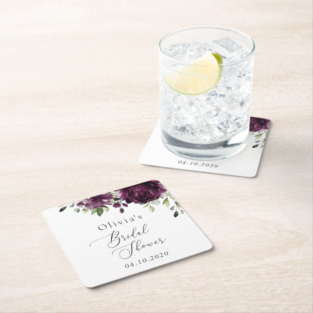 Posavasos Cuadrado De Papel Flores moradas, flores de ciruela, boho, ducha de  (In situ)