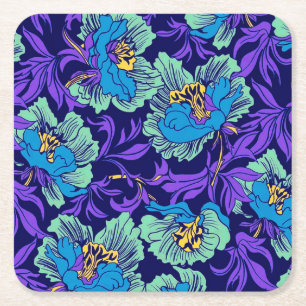 Posavasos Cuadrado De Papel Flores moradas y azules William Morris