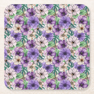 Posavasos Cuadrado De Papel Flores moradas y rosas