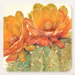 Posavasos Cuadrado De Papel Flores Naranjas Cactus