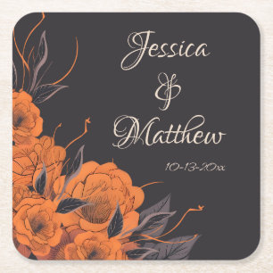 Posavasos Cuadrado De Papel Flores Naranjas Elegante Chic Boda