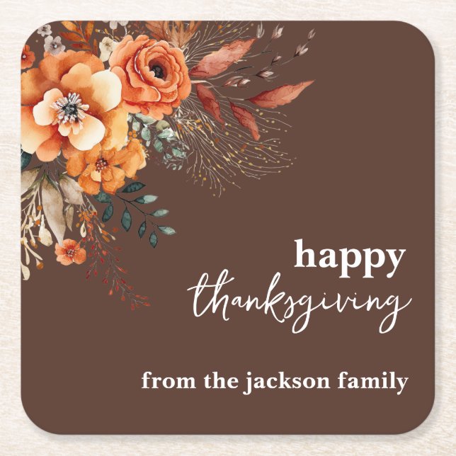 Posavasos Cuadrado De Papel Flores otoñales gracias elegante (Anverso)