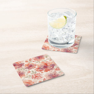 Posavasos Cuadrado De Papel Flores Pastel Acuarela Naranja Claro