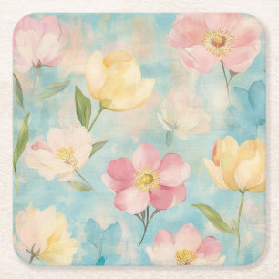 Posavasos Cuadrado De Papel Flores pastel. Belleza de jardín.
