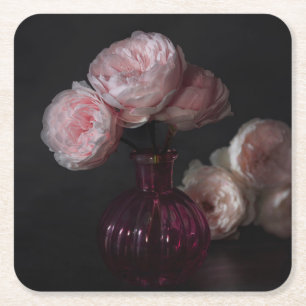 Posavasos Cuadrado De Papel Flores   Peonías rosadas pálidas en grano