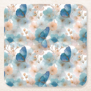 Posavasos Cuadrado De Papel Flores primaverales vintage y mariposa azul